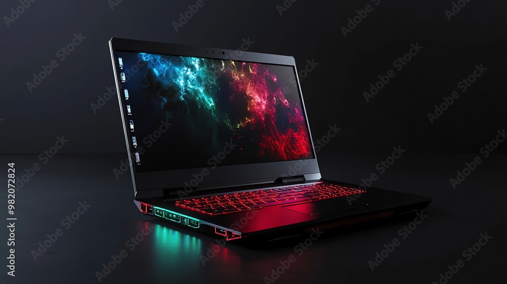 Poster a black laptop with a colorful abstract background on the screen sits on a black surface. the laptop
