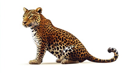 Obraz premium Vector illustration of a sitting leopard with elegant curves and detailed fur spots, showcased on a simple white background