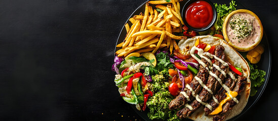 Top down view of doner kebab or gyros served on a plate with fries veggies and salad on a black backdrop with ample copy space image