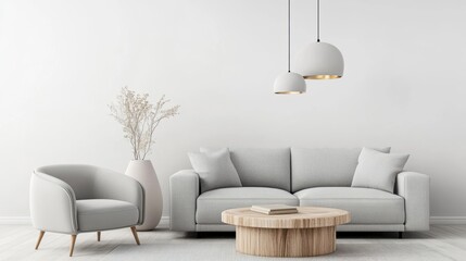 Elegant and modern living room featuring a light sofa, stylish chairs, and unique pendant lighting against a minimalist backdrop.