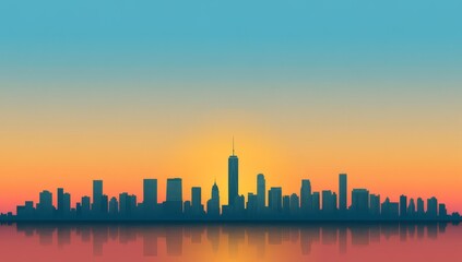 Sunset Over a City Skyline Reflecting on Water With Silhouettes of Tall Buildings and a Colorful Sky