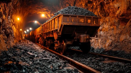 Naklejka premium Coal-filled Mining Carts Travel Through a Dimly Lit Underground Tunnel in an Active Mountain Mine at Dusk