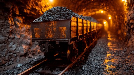 Coal-filled Carts on Damp Tracks Inside a Dimly Lit Underground Mine During Evening Hours