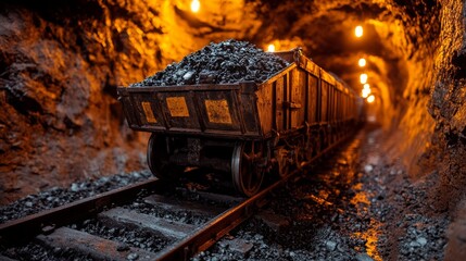 Coal Cart Filled With Mined Coal Inside a Dimly Lit Underground Tunnel in an Active Mining Site During Evening Hours