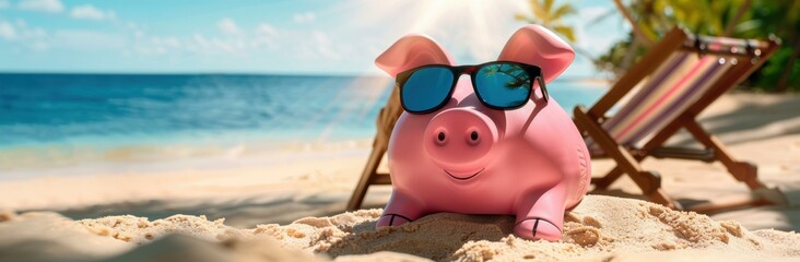 A pink piggy bank wearing sunglasses is sitting on a beach, next to an empty lounge chair. AI.