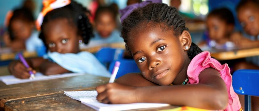 A young girl is writing in her notebook in a classroom. AI.