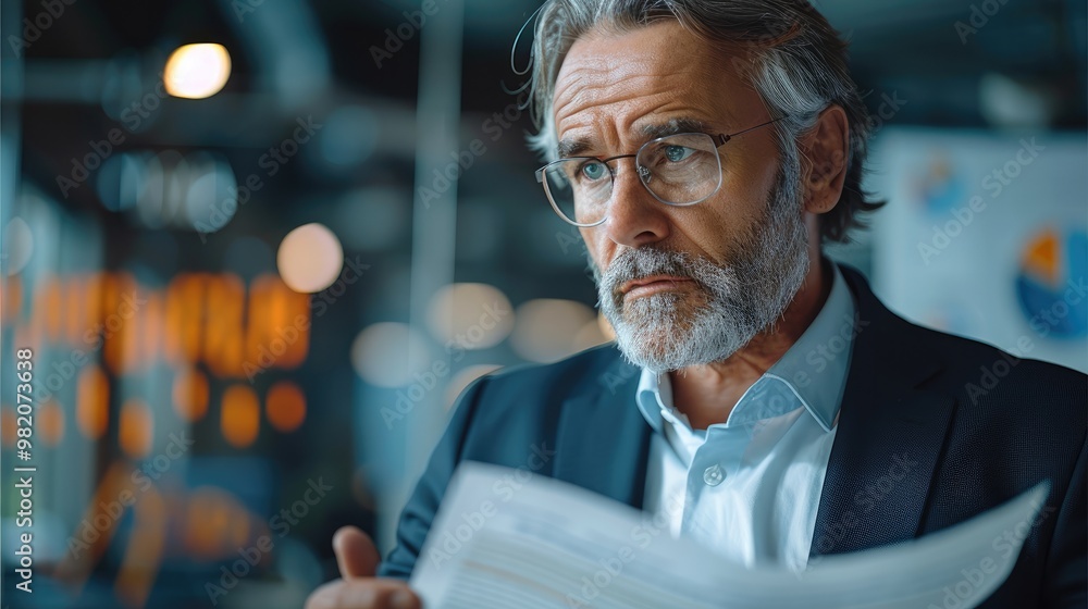 Poster a senior executive in a suit reading financial regulations document, focused and serious expression,