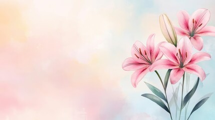 Obraz premium Pink lilies, soft blooms, fluid brushstrokes, elegant art, watercolor style