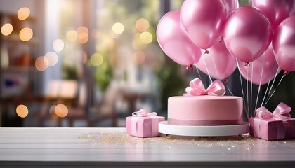 Elegant celebration table with a pink cake, balloons, and gifts, perfect for birthday or party themes. Blurred background for bokeh effect.