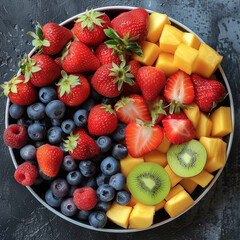 Obraz premium Sweet fruits, healthy snacks. top view. Generative AI.