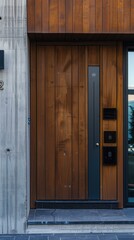 Wooden door with a modern design. AI.