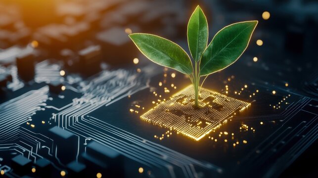 A vibrant sprout emerging from a computer chip, symbolizing the fusion of technology and nature in a digital ecosystem.