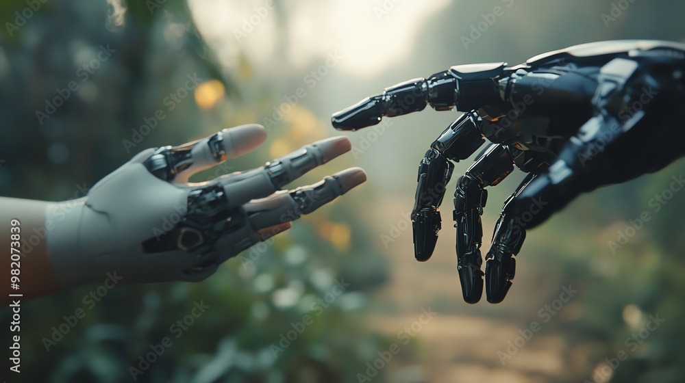 Poster a futuristic image of a human hand and a robot hand reaching toward each other in a forest setting.