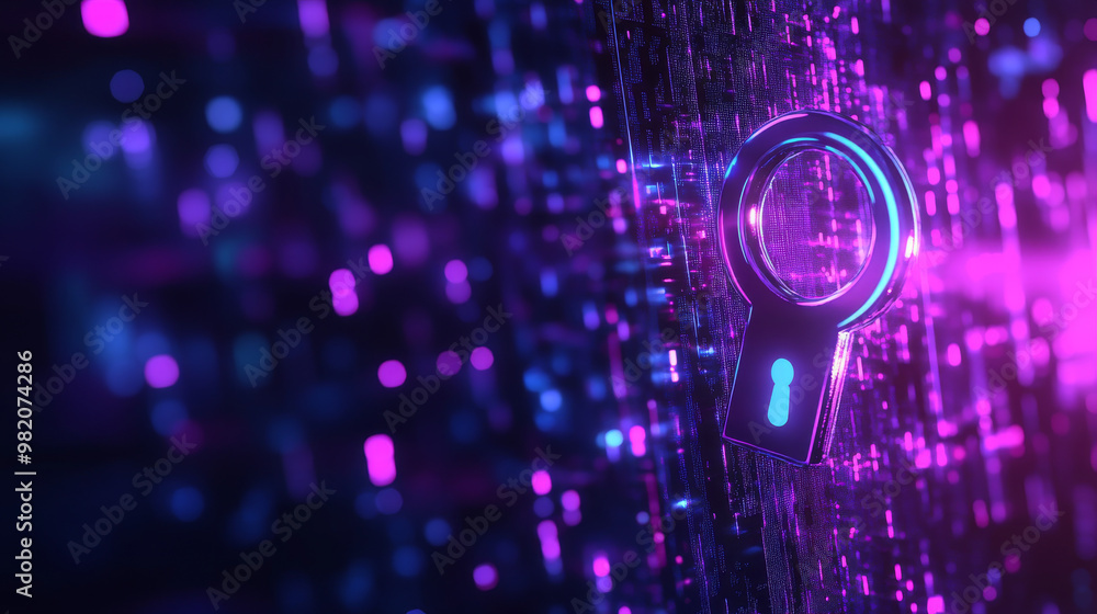 Poster cyber security theme represented by a cryptic spectrum in blue and purple, creating a striking wallp