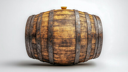 A side view of a single wooden barrel with a rustic and aged look, featuring metal bands and a rich brown color