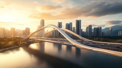 Obraz premium Modern Bridge Spanning City Skyline at Sunset
