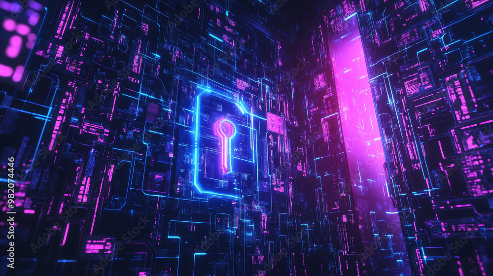 Poster cyber security theme represented by a cryptic spectrum in blue and purple, creating a striking wallp