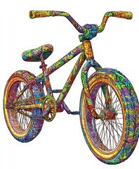 A vibrant, colorful bicycle with intricate patterns and designs.