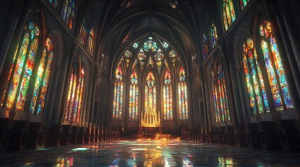 Fototapeta premium An empty cathedral with large stained-glass windows illuminating the interior.
