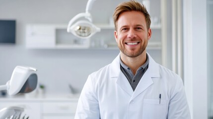 Fototapeta premium A confident male dentist in a white coat, smiling warmly in a modern dental clinic, exuding professionalism and care.