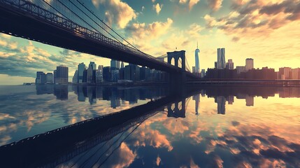 Brooklyn Bridge and Manhattan Skyline Reflected in the Water at Sunset