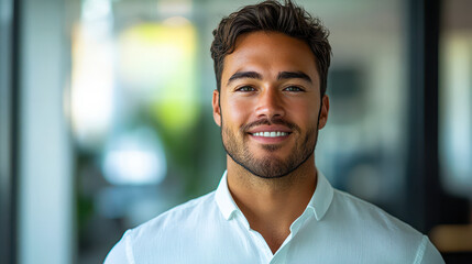 Obraz premium Confident Businessman in White Shirt Smiling at Camera in Office Environment - Professional, Positive Attitude, Corporate Setting with Copy Space