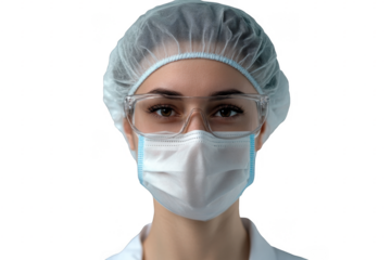 Portrait of female doctor in protective cap and protective mask close-up on transparent background