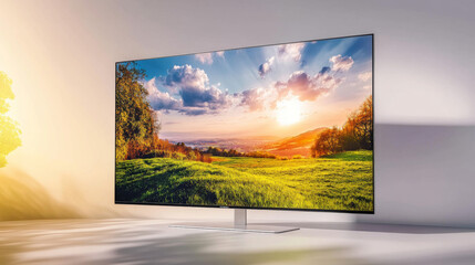 Realistic mockup of a 4K flat-screen LCD, OLED, or plasma TV with a white blank HD monitor on an isolated white background. The screen displays a picturesque nature landscape, showcasing modern video 