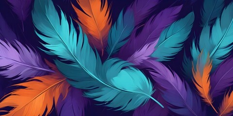 Obraz premium Vibrant abstract feathers in shades of teal, purple, and orange, bold and slim lines, brush strokes.