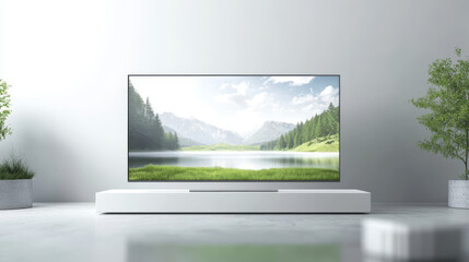 Realistic mockup of a 4K flat-screen LCD, OLED, or plasma TV with a white blank HD monitor on an isolated white background. The screen displays a picturesque nature landscape, showcasing modern video 