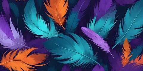 Obraz premium Vibrant abstract feathers in shades of teal, purple, and orange, bold and slim lines, brush strokes.