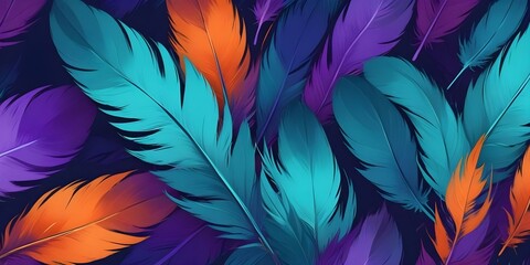 Obraz premium Vibrant abstract feathers in shades of teal, purple, and orange, bold and slim lines, brush strokes.