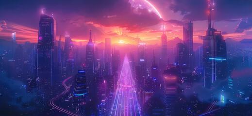 Obraz premium Neon lights and sleek skyscrapers illuminate a futuristic cityscape. Generative AI.