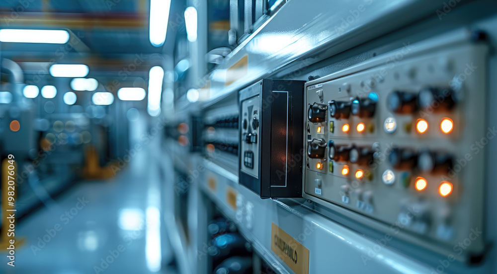 Aufkleber well-organized electrical control box in a factory setting. generative ai.