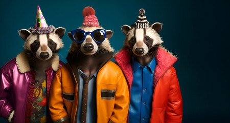 Fototapeta premium Creative animal concept. Group of Badger in funky Wacky wild mismatch colourful outfits on bright background advertisement, copy space. birthday party invite invitation banner 