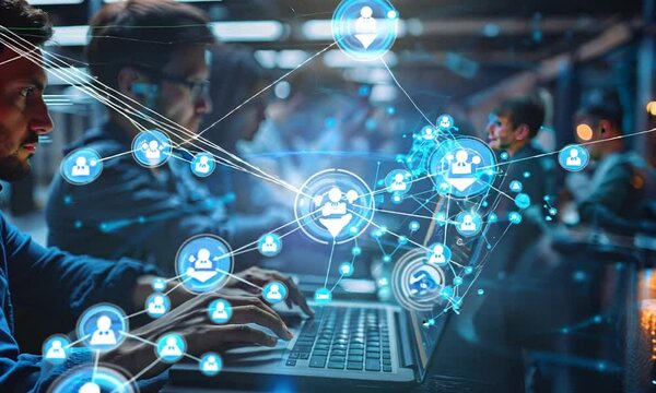 The Network Effect: A team of programmers work collaboratively on a complex project, their digital connections visualized as a network of glowing nodes. The image captures the essence of collaborative