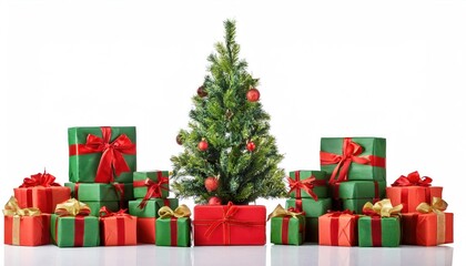 Christmas Tree with Red and Green Gift Boxes Isolated on White Background