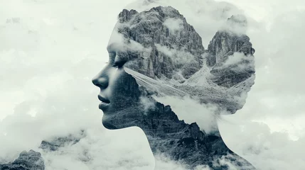 Woman Profile Blended with Mountains, Mist, Nature, Serenity, Double Exposure Portrait © Andrei