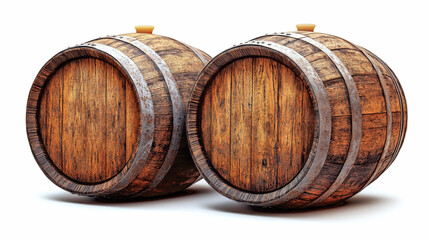 Two rustic wooden barrels with a weathered appearance, featuring metal bands and placed side by side