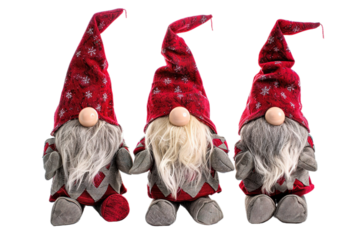Three festive gnome dolls in red hats and grey suits
