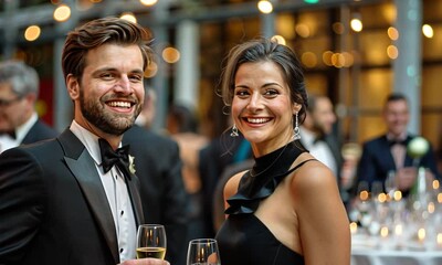 Elegant Night Out: A stylish couple radiates joy at a glamorous gala, toasting with champagne amidst the warm glow of celebration. 