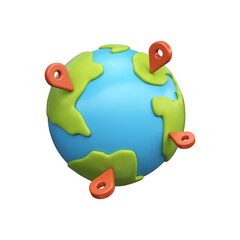 3d globe with pins. GPS location, direction or destination indicator concept.