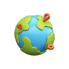 Cartoon 3D illustration of a globe with red pins. Travel, navigation or route tracking concept.
