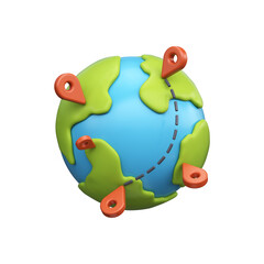 Navigation on the world map indicating location or route, 3D planet earth with pin