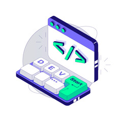 Small Mini Keyboard with Programming Inscription Dev. Developer concept. Isometric vector illustration 