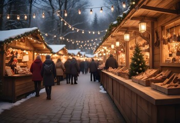 A bustling Christmas market with wooden stalls, twinkling lights, and a festive atmosphere. The market is set against a backdrop of trees and a blurred winter landscape.