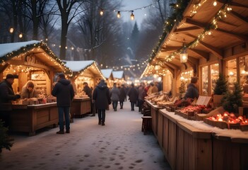 Naklejka premium A bustling Christmas market with wooden stalls, twinkling lights, and a festive atmosphere. The market is set against a backdrop of trees and a blurred winter landscape.