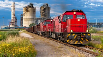 Naklejka premium Red locomotives transporting cargo near industrial site.