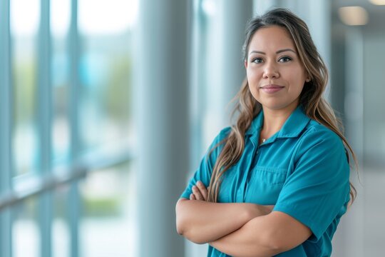 A confident Hispanic female facility manager stands with her arms crossed, smiling directly at the viewer in a contemporary building surrounded by large windows