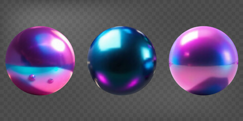 Set of 3d balls with holographic mirror effect. Gradient shapes. Fluid color. Neon shapes in gradient colors